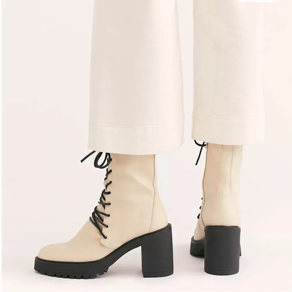 Free People Dylan Lace-Up Boots Platform Heel Ivory White Leather EU 38 US 8 - Picture 2 of 14